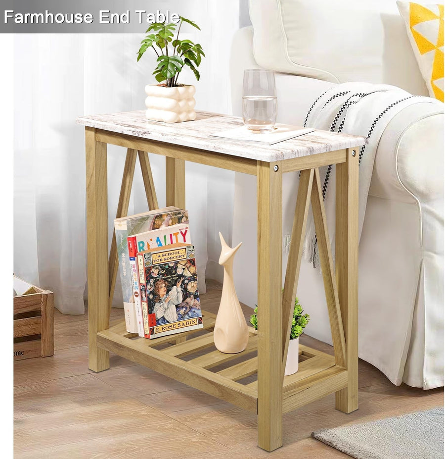 Farmhouse Narrow Table for Small Spaces End Side Table with Storage Shelf Rectan