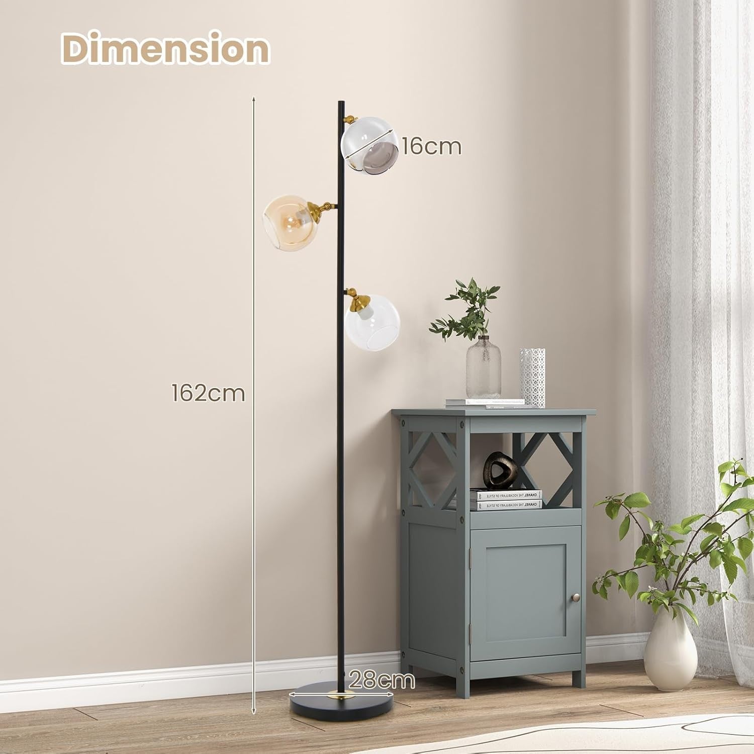 Industrial Floor Lamp 3 Light Glass Globe Standing Lamp Foot Switch Black