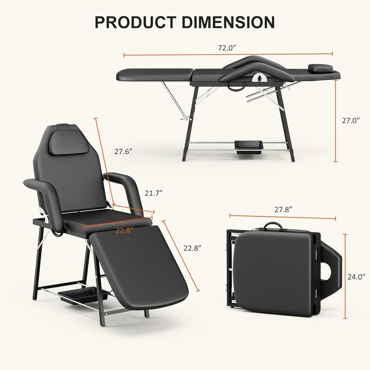 Portable 3-Section Massage Table Folding Beauty Spa Bed w/ Storage Tray Black