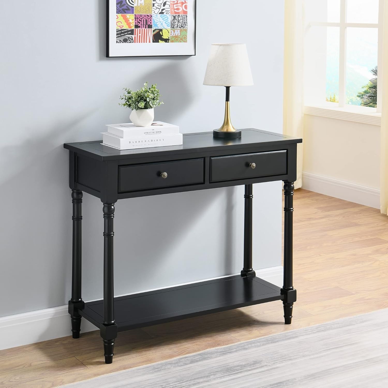 Solid Wood Console Table Black 2 Drawers Shelf Narrow Entryway 90cm