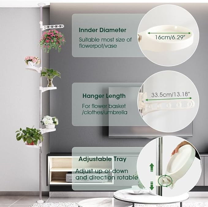 Adjustable 5 Tier Indoor Plant Stand Tension Pole Floor to Ceiling Rack Space
