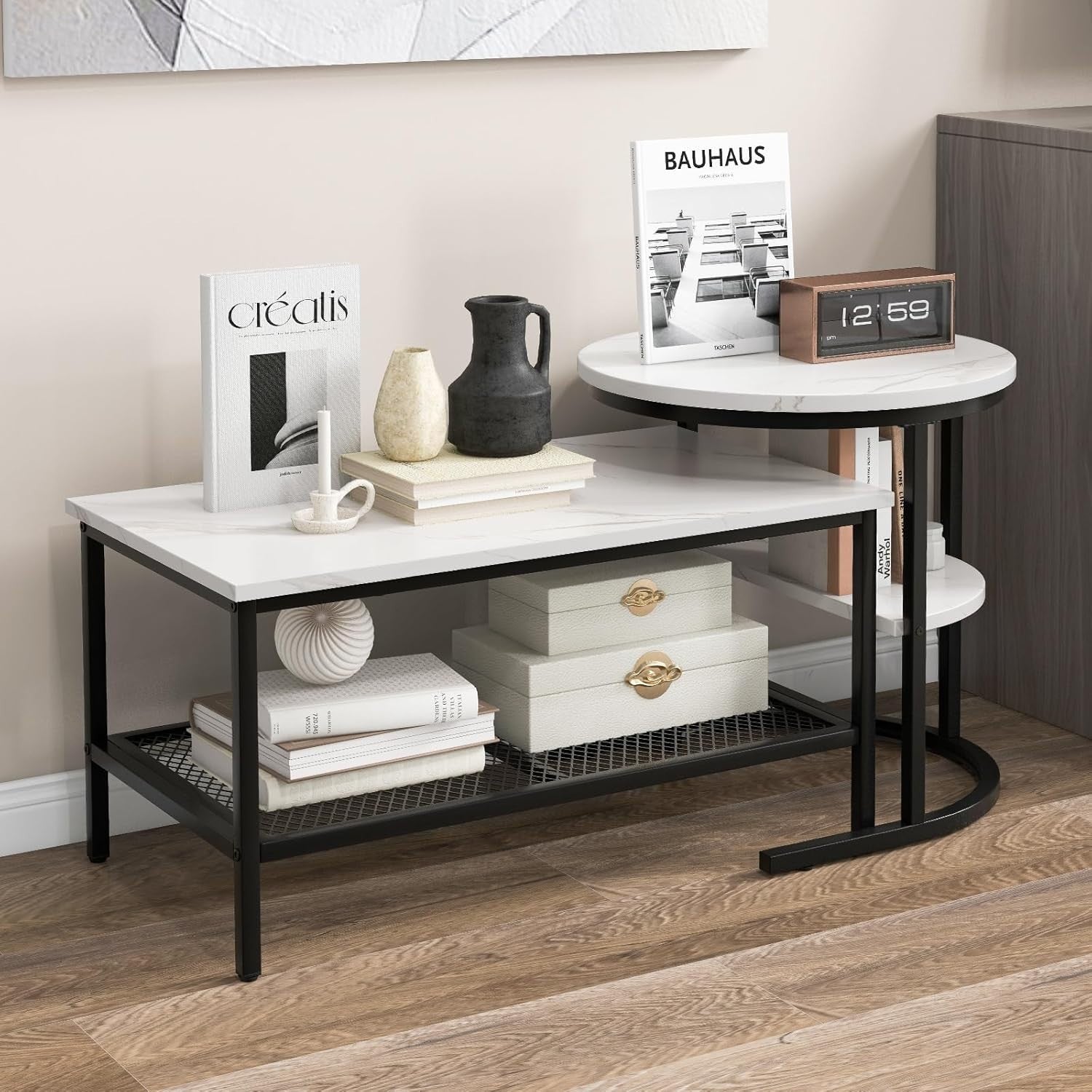 Modern Coffee Table Set 2-in-1 Nesting Side End Table Storage Black + White