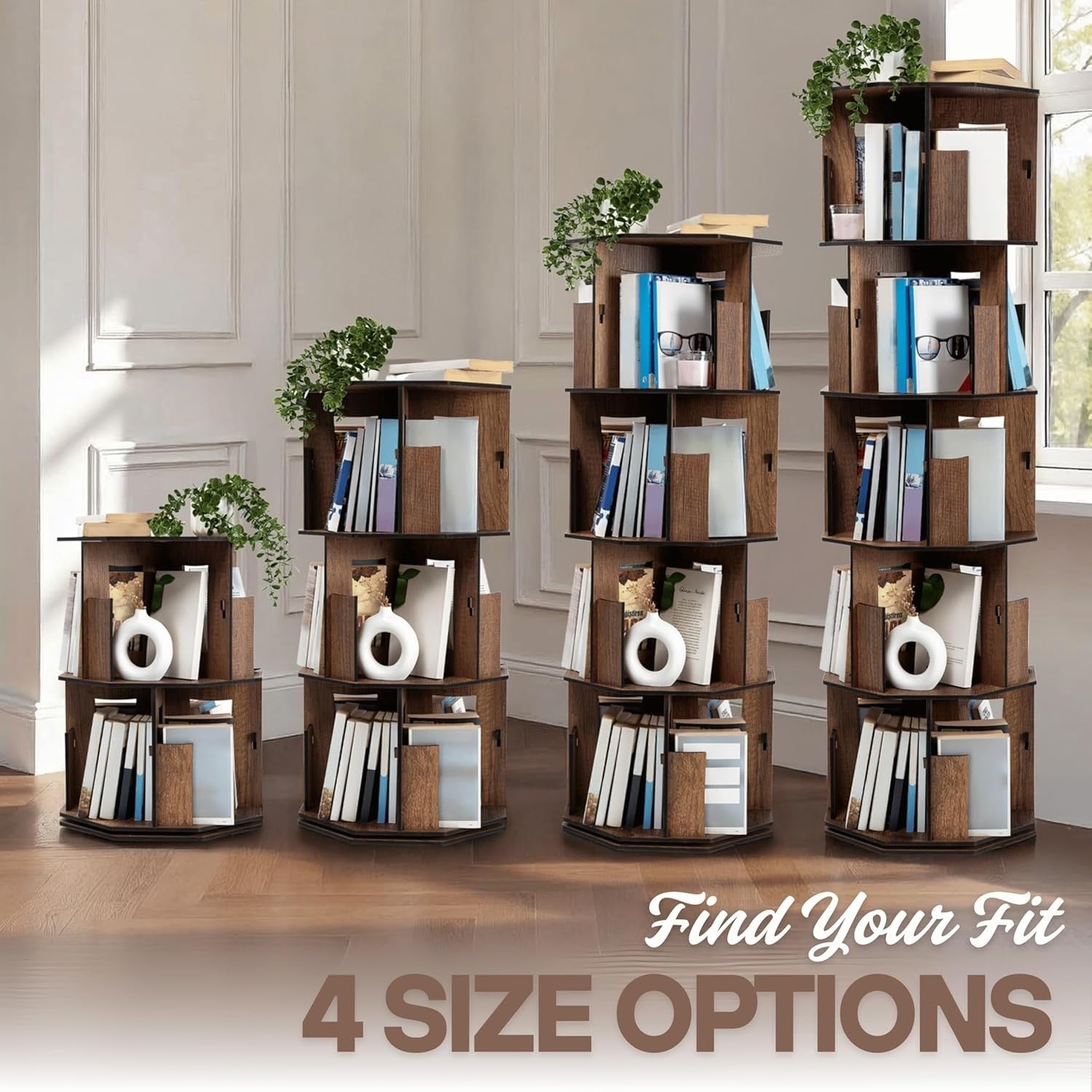 2 Tier Rotating Kids Bookshelf Walnut Corner Shelf Space-Saving Storage Organize