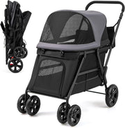 Pet Stroller Foldable Dog Pushchair Cat Pram Ramp Canopy 30kg