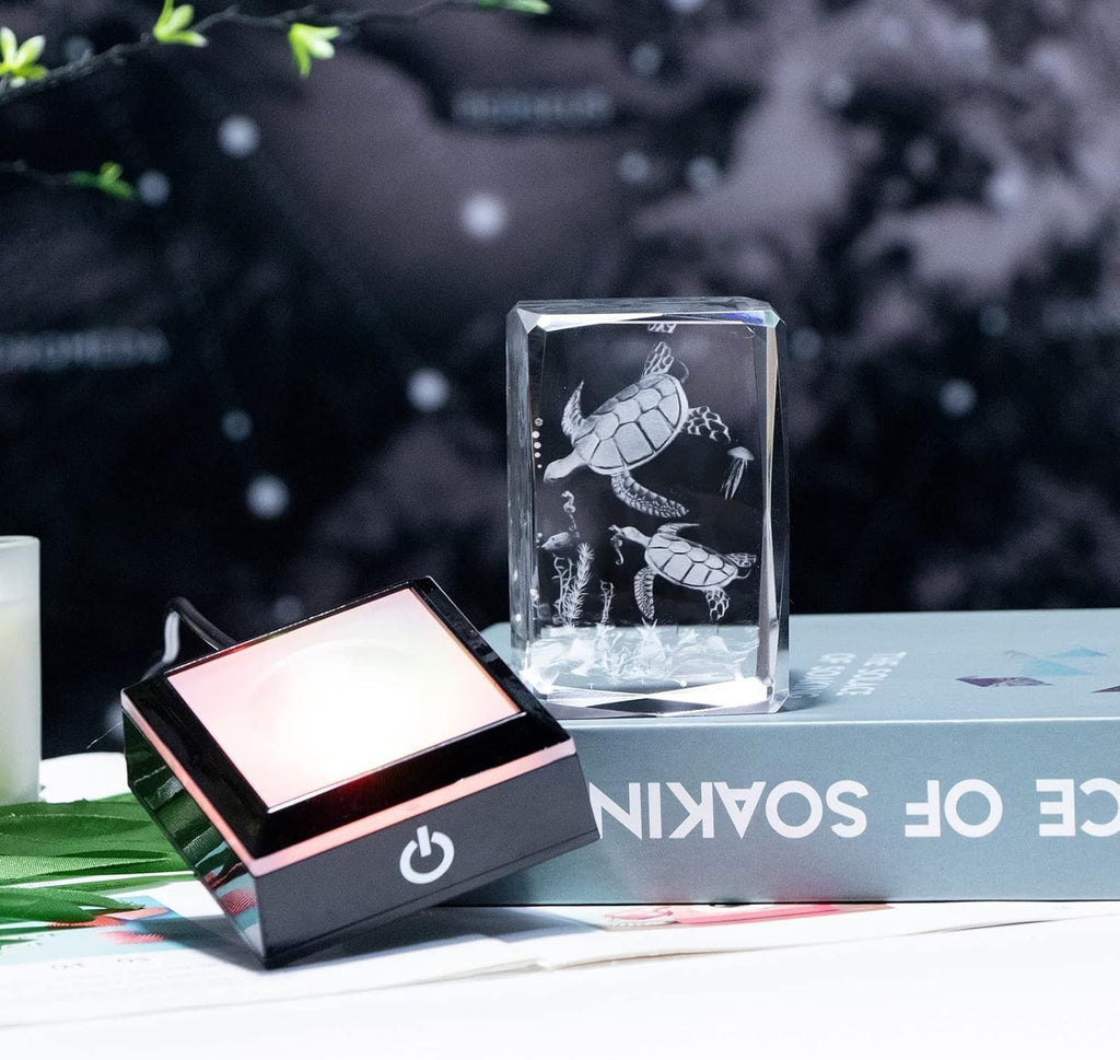 3D Crystal Sea Turtle Figurine with LED Light • Engraved Glass Ocean Gift