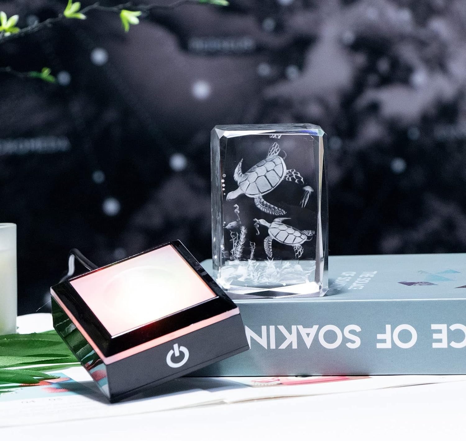 3D Crystal Sea Turtle Figurine with LED Light • Engraved Glass Ocean Gift