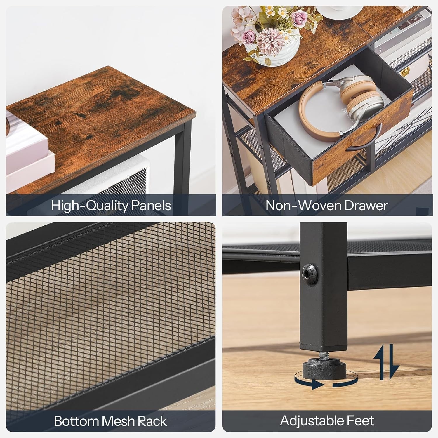 Slim 5-Tier Console Table with Drawer & Storage Shelves, Rustic Industrial