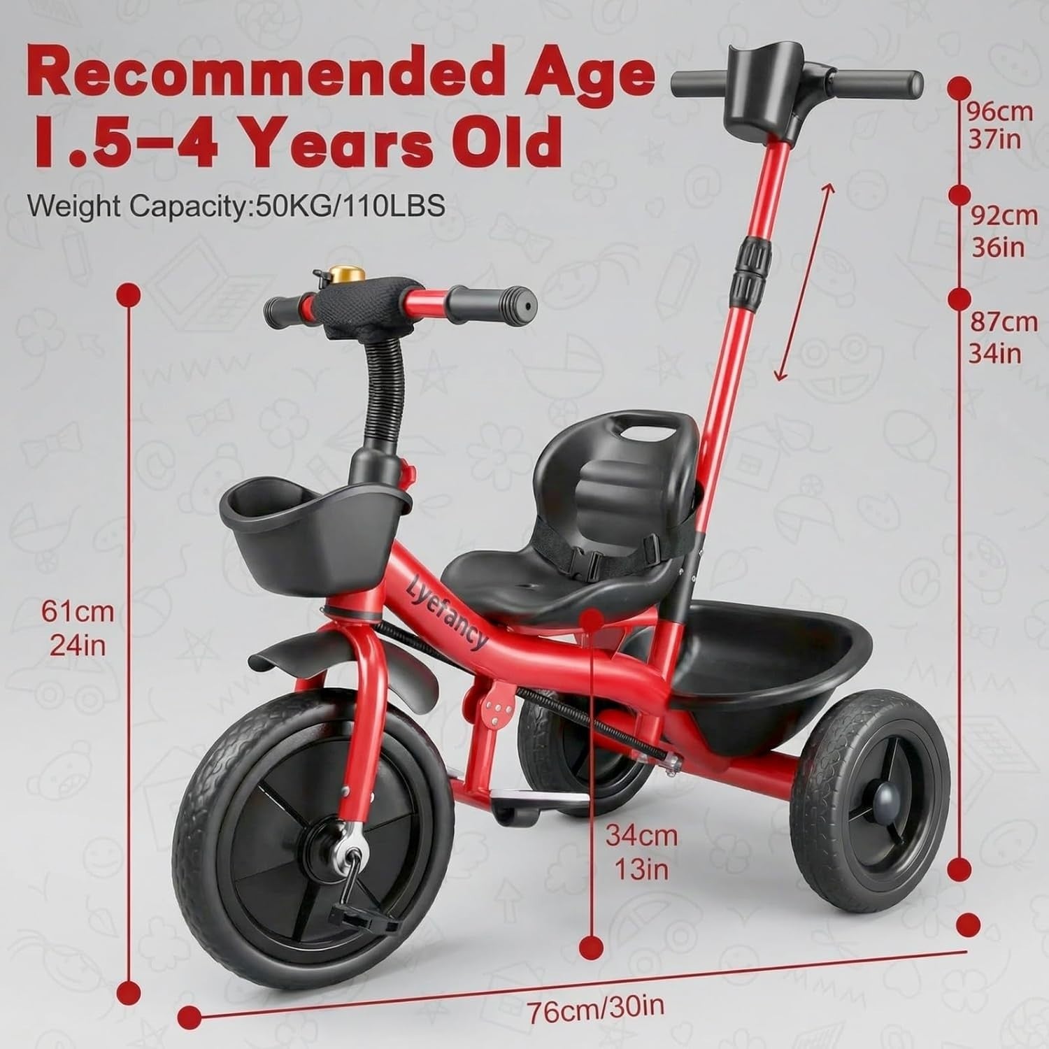 Kids Tricycle 2 In 1 Push Trike Parent Handle Adjustable Seat Red