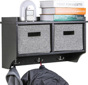 Black Wall Mounted Coat Rack | 3 Hooks with 2 Baskets Hallway Organizer