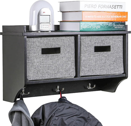 Black Wall Mounted Coat Rack | 3 Hooks with 2 Baskets Hallway Organizer