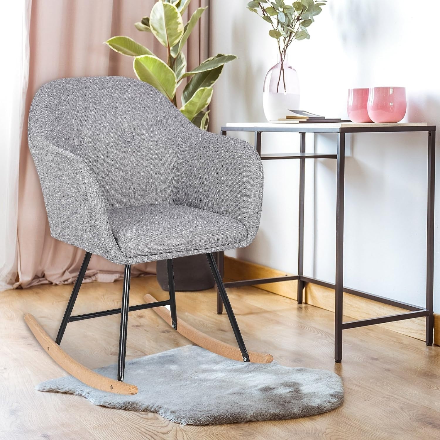 Padded Rocking Chair Armchair Linen Light Grey for Nursery Bedroom Lounge