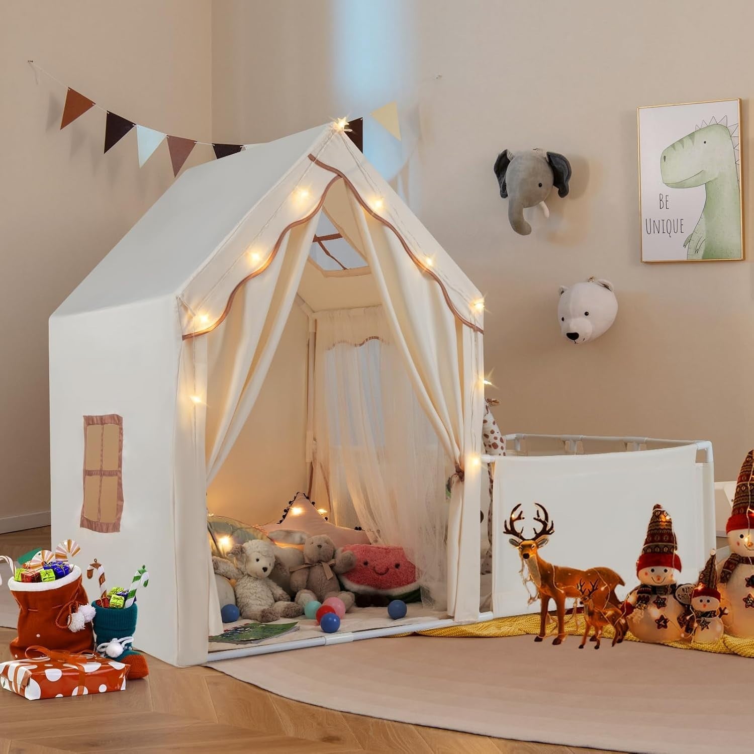 Kids Play Tent Beige Castle with Lights Mat Indoor Toddler Playhouse