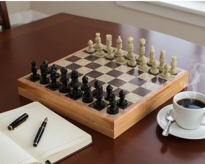 Luxury 10" Marble & Wood Chess Set – Inlaid Stone Board + Handcrafted Pieces