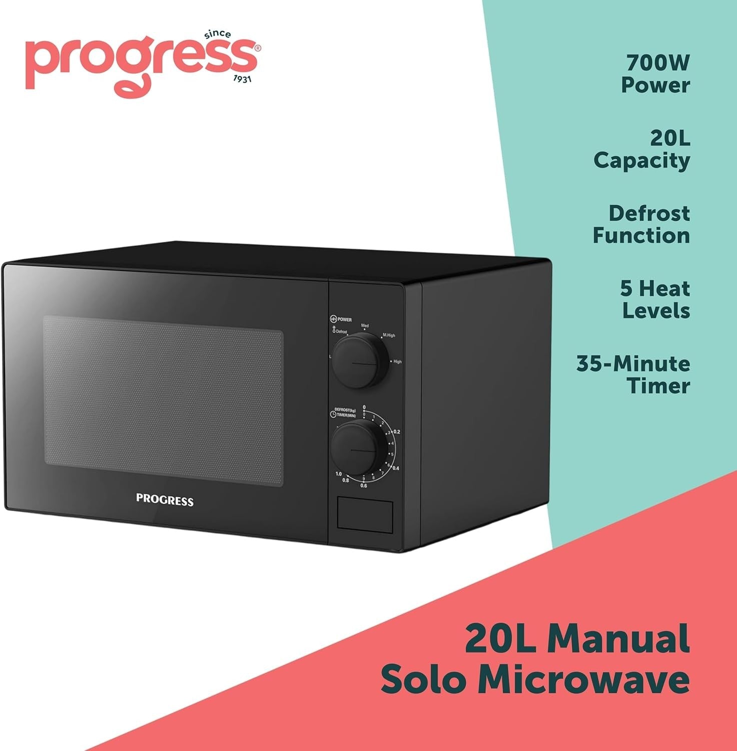 20L Microwave 700W Manual 5 Heat Levels 35 Min Timer