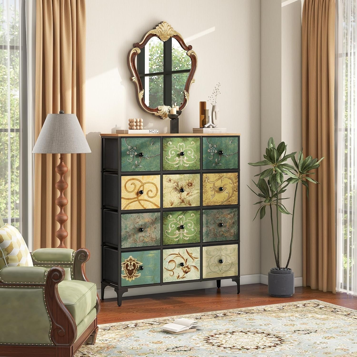 12 Drawer Vintage Storage Chest Unit Fabric Dresser for Bedroom Living Room