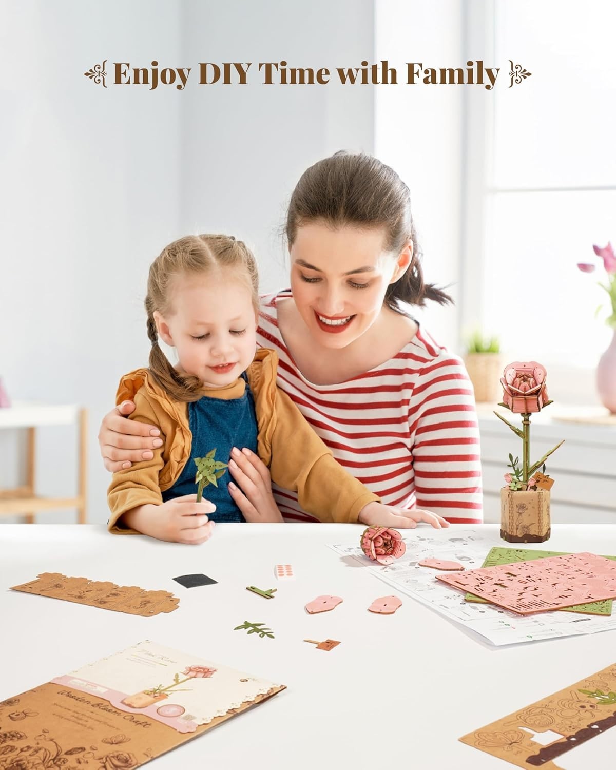 DIY 3D Wooden Pink Rose Flower Puzzle Kit – Relaxing Craft Gift Decor