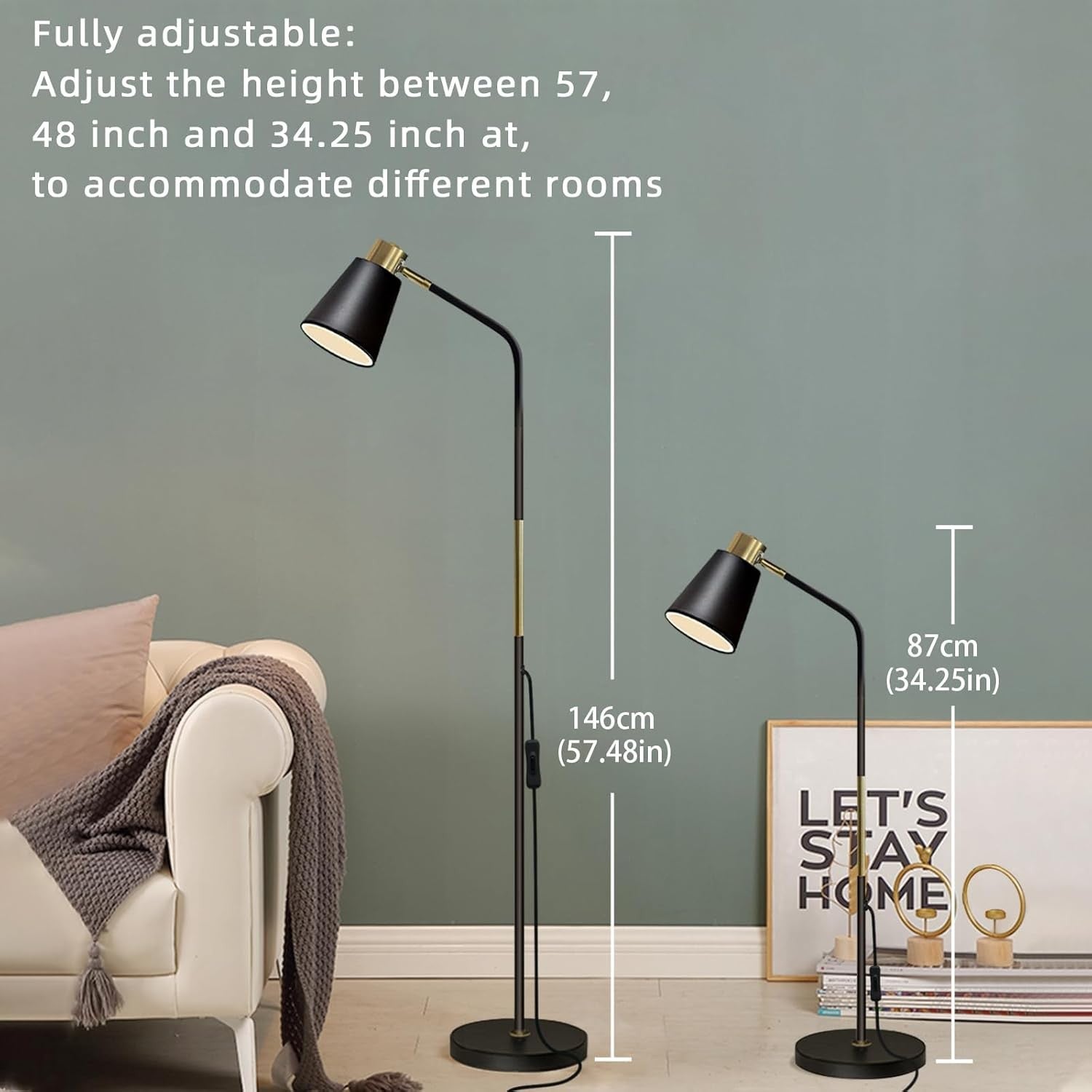 Industrial Floor Lamp Adjustable Metal Head Standing Reading Light Black