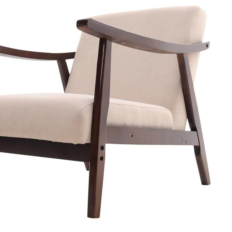 Mid-Century Beige Fabric Armchair Wooden Frame Accent Lounge Chair