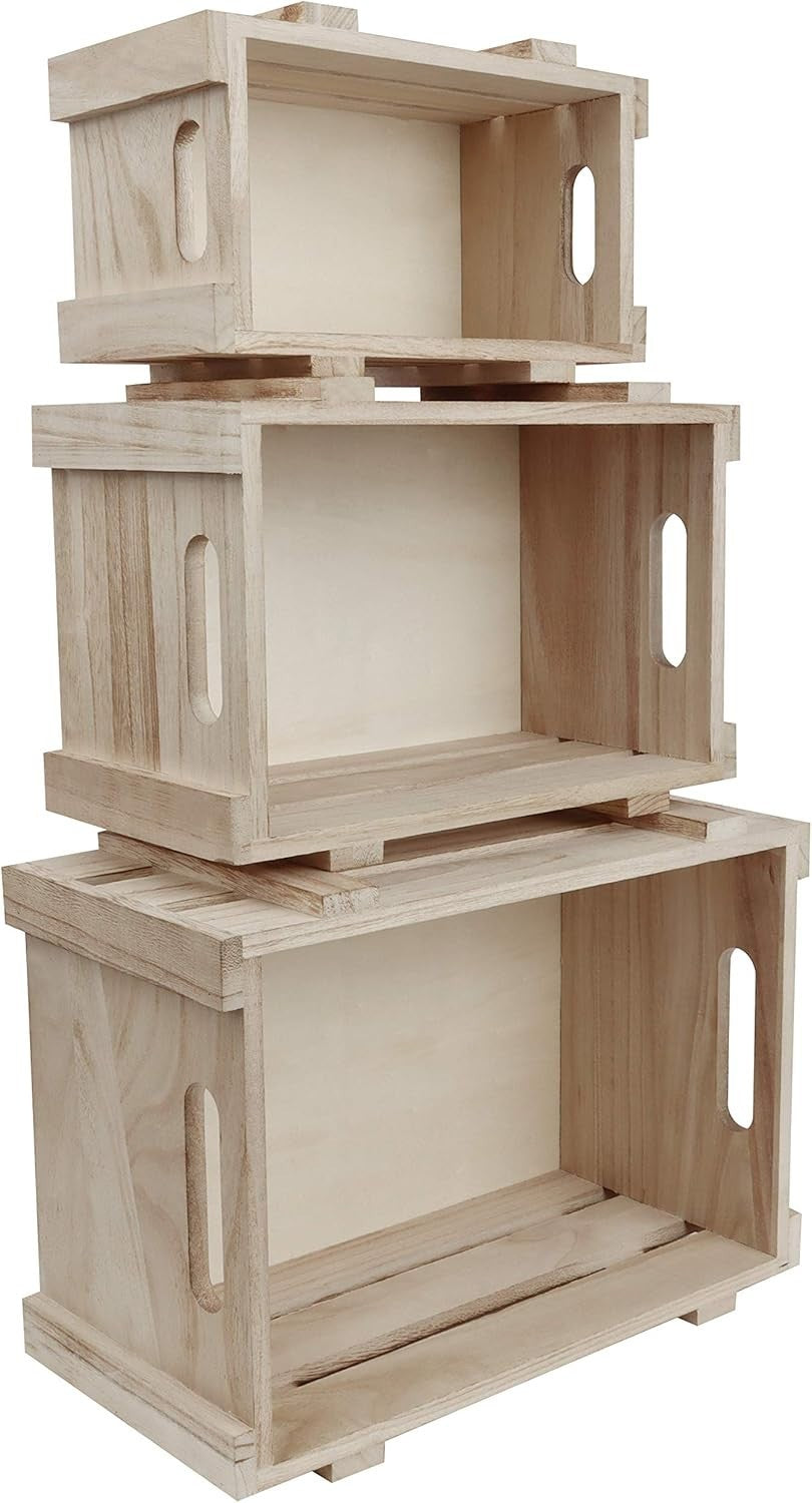 3 Pack Rustic Wooden Storage Crates Small Medium Large Set