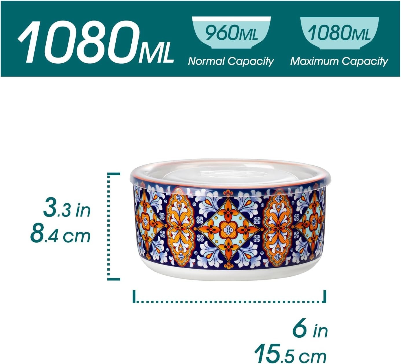 36oz Ceramic Bowls with Lids Set of 4 Bohemian Meal Prep Storage