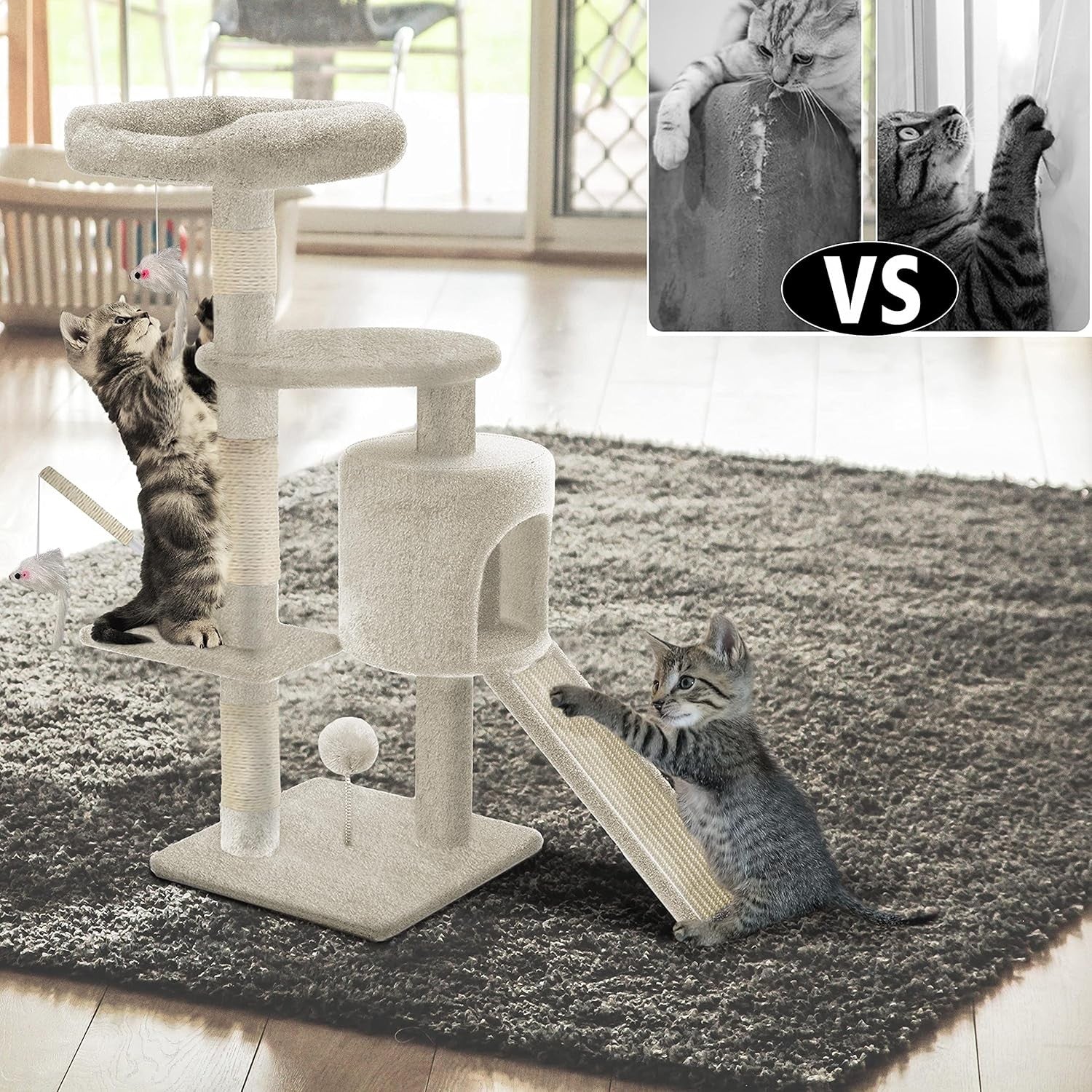 Cat Tree Scratching Post 112cm Activity Centre Condo Ramp Beige