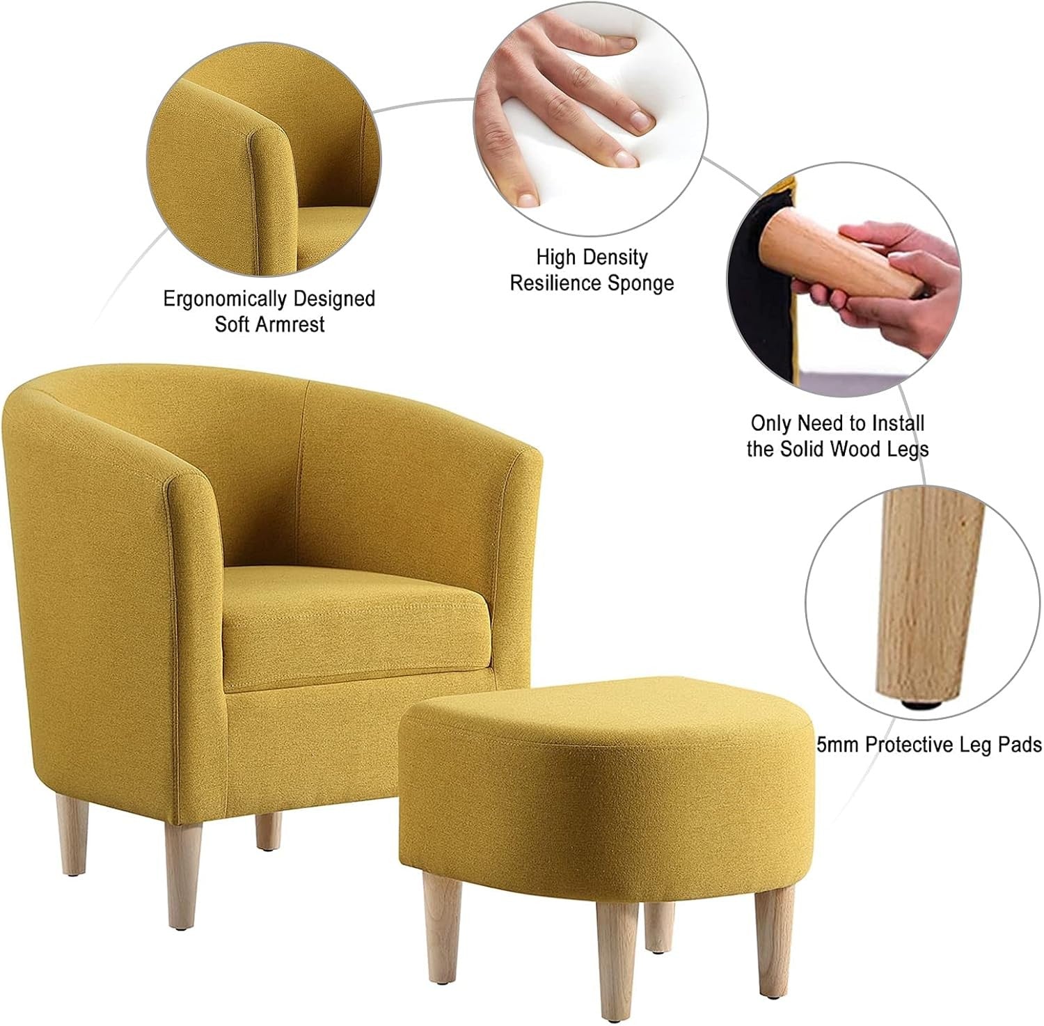 Accent Armchair & Ottoman Set Yellow Fabric Tub Chair