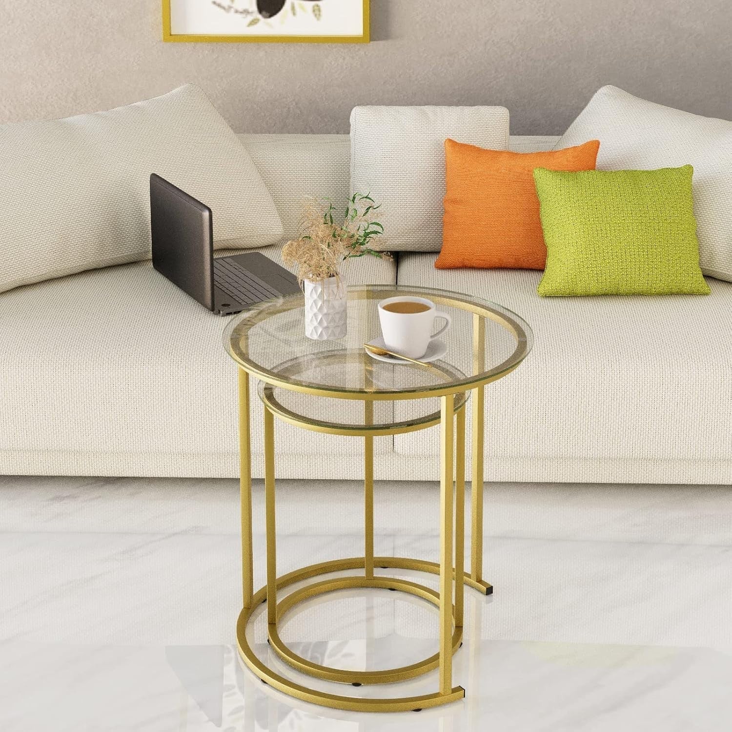 Space Saving Gold Nesting Coffee Table Set 2 Round Glass End Side Tables