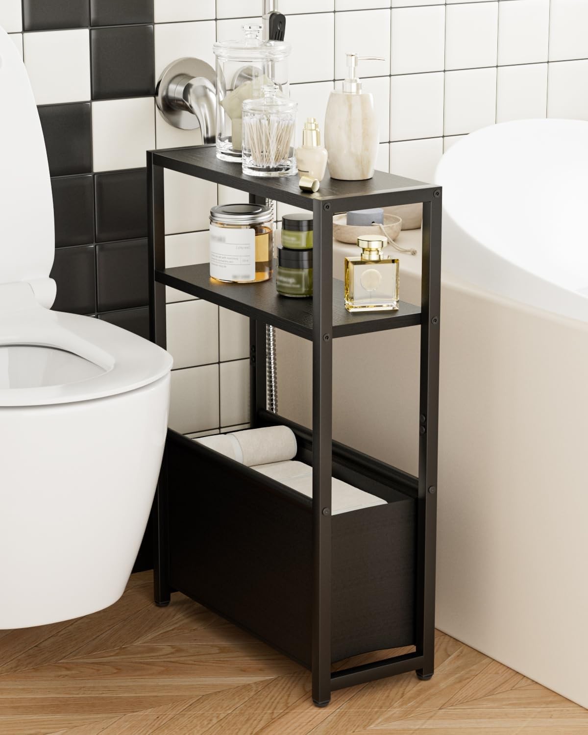 Slim Black Side Table with Storage, Space-Saving Design for Small Spaces