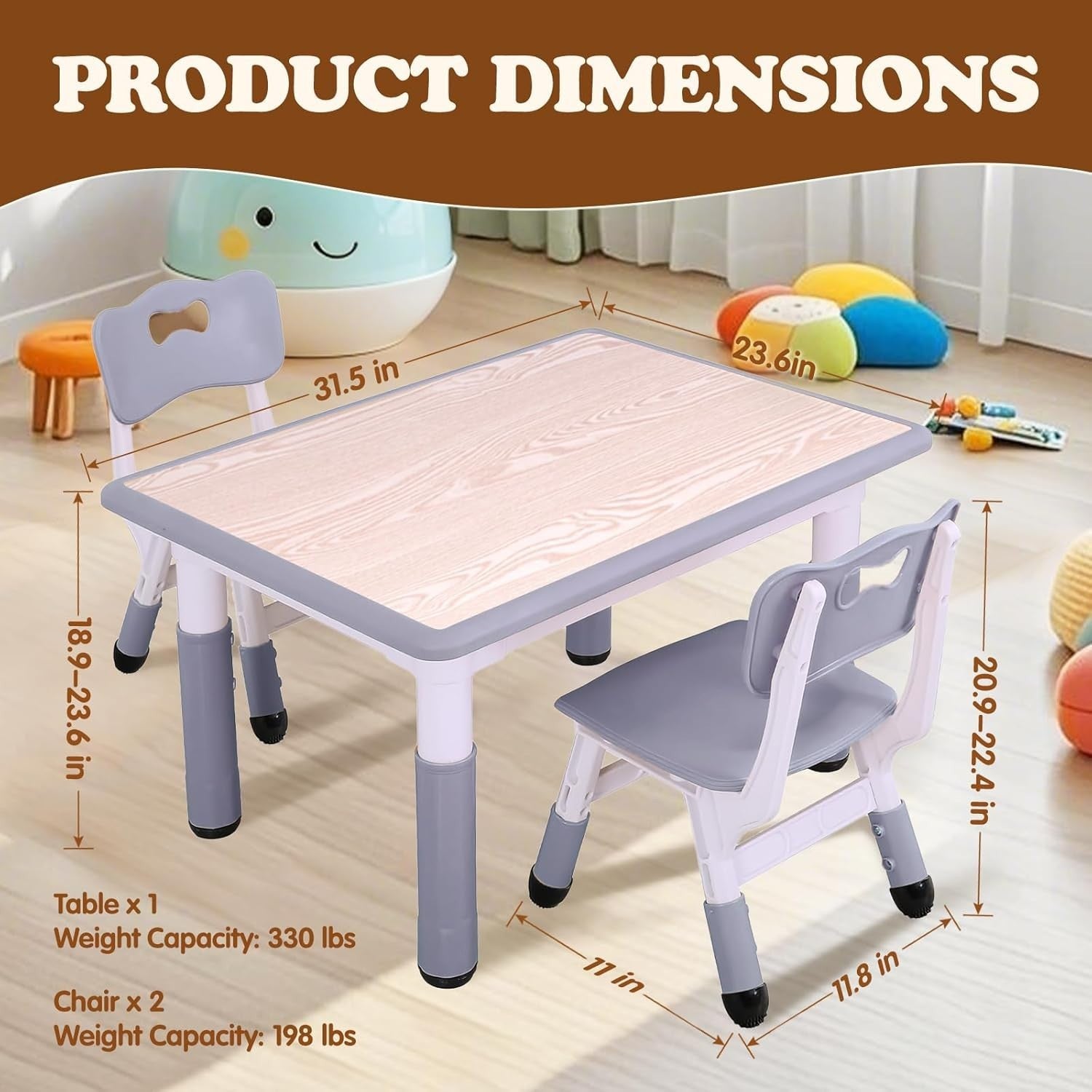 Kids Table and Chairs Set Height Adjustable Study Desk Toddler Playroom