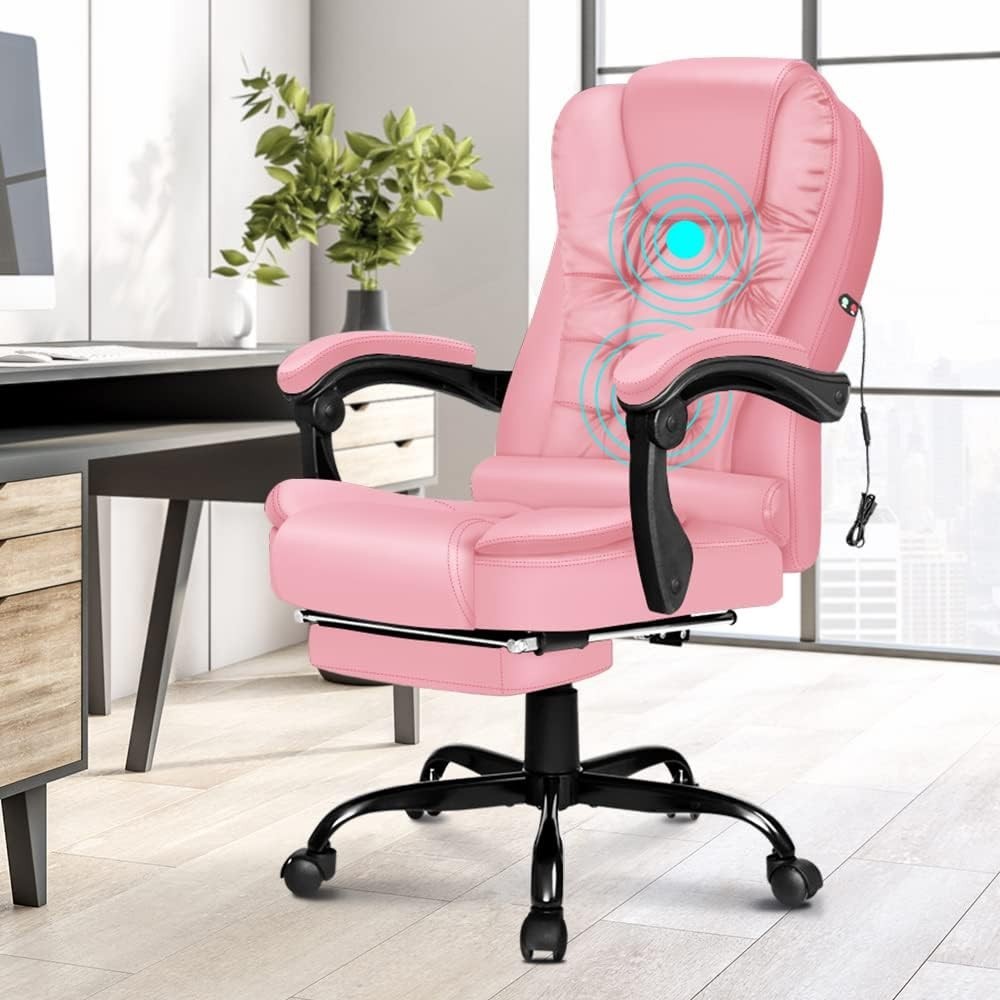 Pink Massage Gaming Office Chair Recliner Footrest Executive Swivel PU Leather