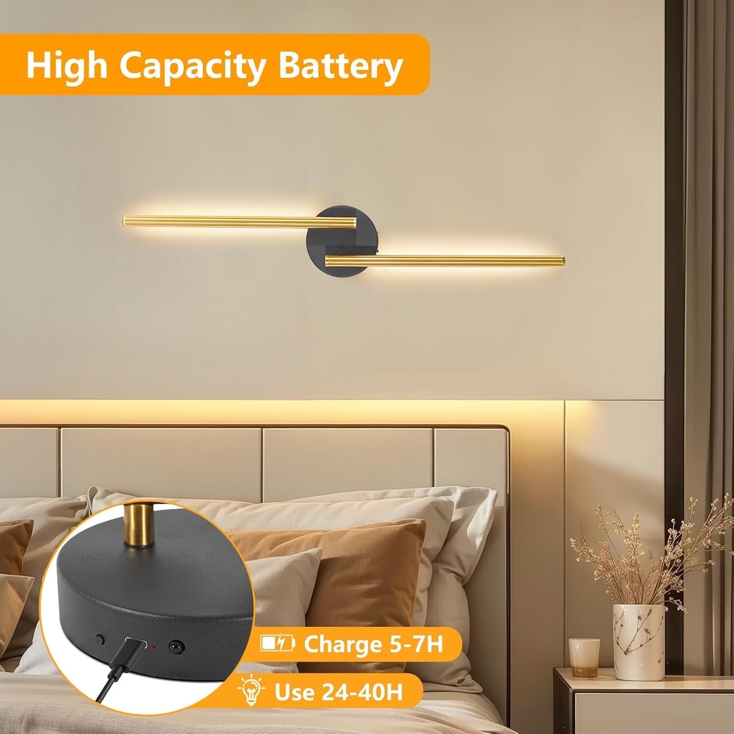 Rechargeable Wireless Wall Sconces 77CM Dimmable LED 3 Color Temps