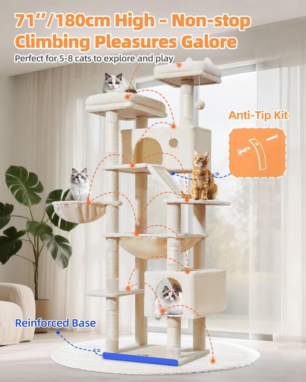 180cm Cat Tree Tower Large Multi Level Scratching Post Condo Hammock