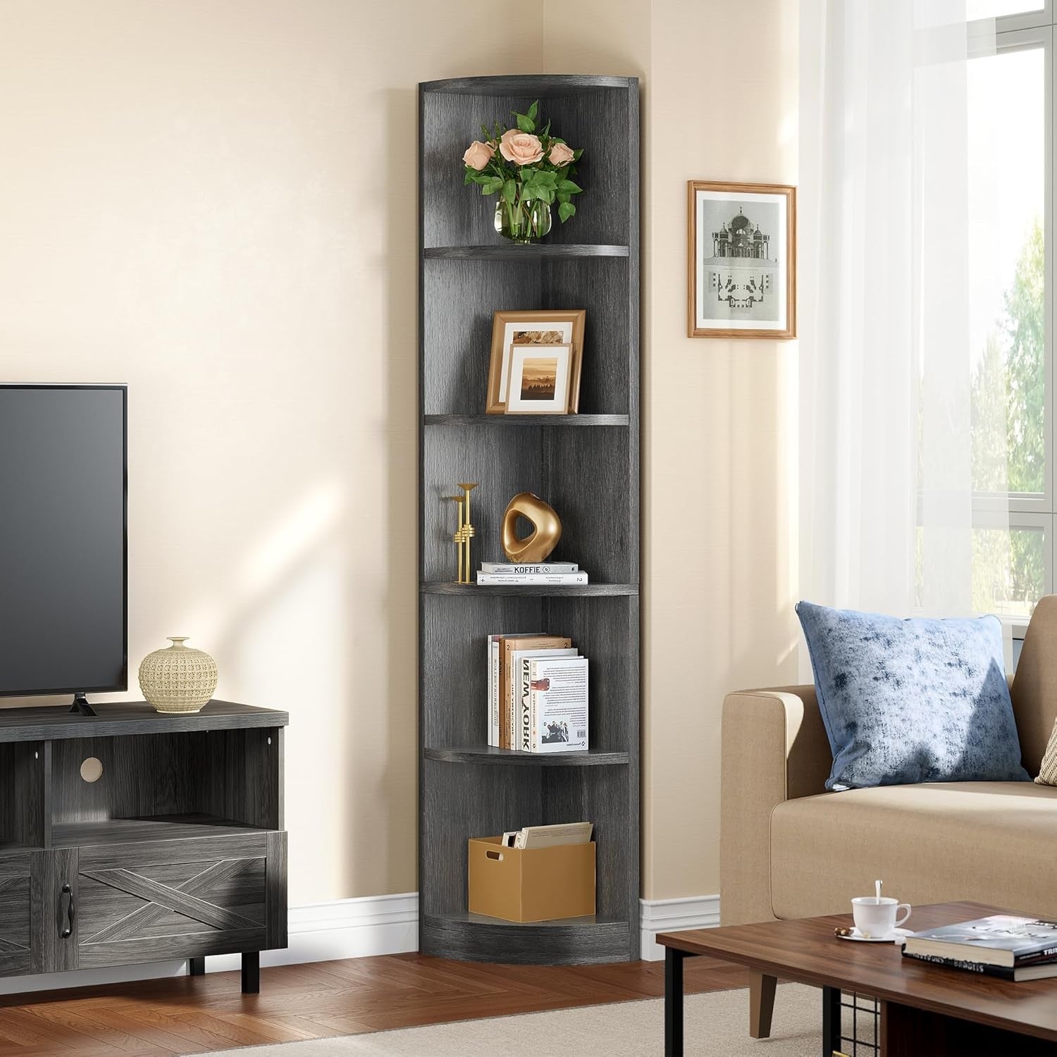 Tall Corner Shelf 5 Tier Modern Bookcase Space Saving Display Rack for Living Ro