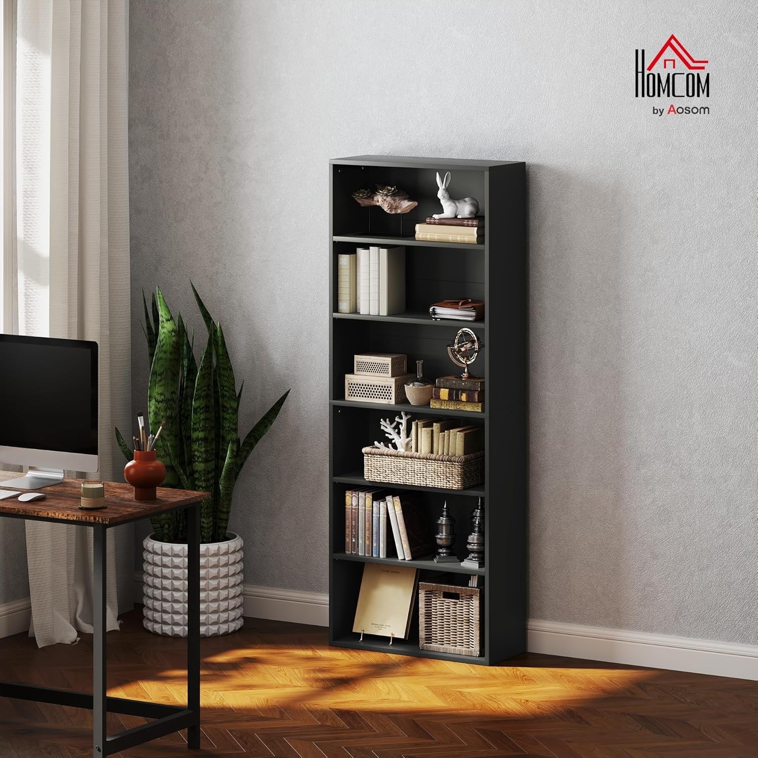 Black 6-Tier Tall Bookcase Adjustable Shelves Modern Narrow Storage Unit