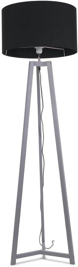 Grey Wooden Tripod Floor Lamp Black Fabric Drum Shade LED Light