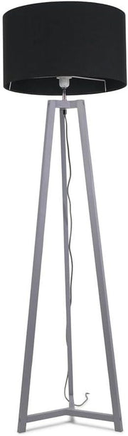 Grey Wooden Tripod Floor Lamp Black Fabric Drum Shade LED Light