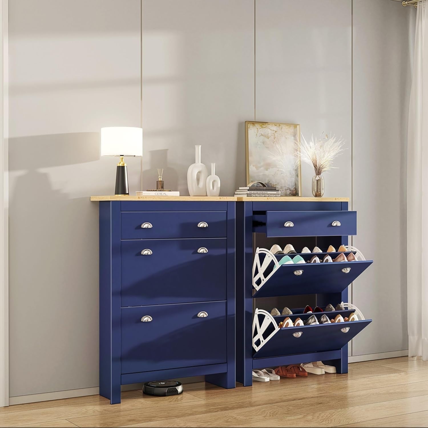 Slim Wooden Shoe Storage Cabinet with 2 Flip Drawers & Extra Drawer 78cm Blue
