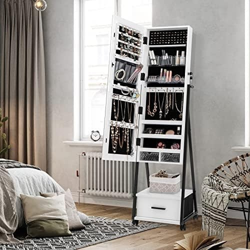 Floor Standing Jewelry Armoire Mirror Lockable Storage Cabinet with Wheels