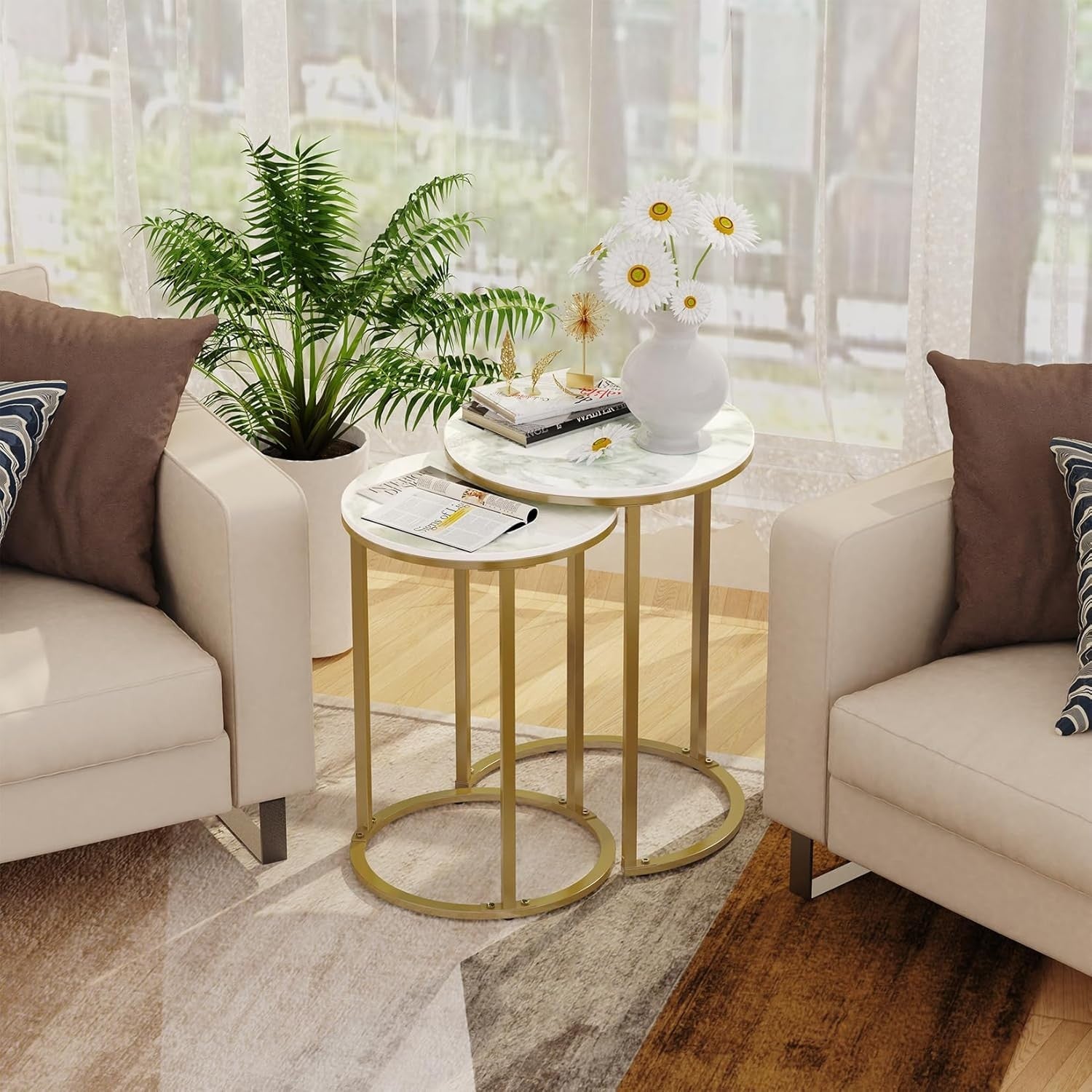 Round Gold Side End Table Marble Top Living Room Sofa Bedside C-Shape Nesting