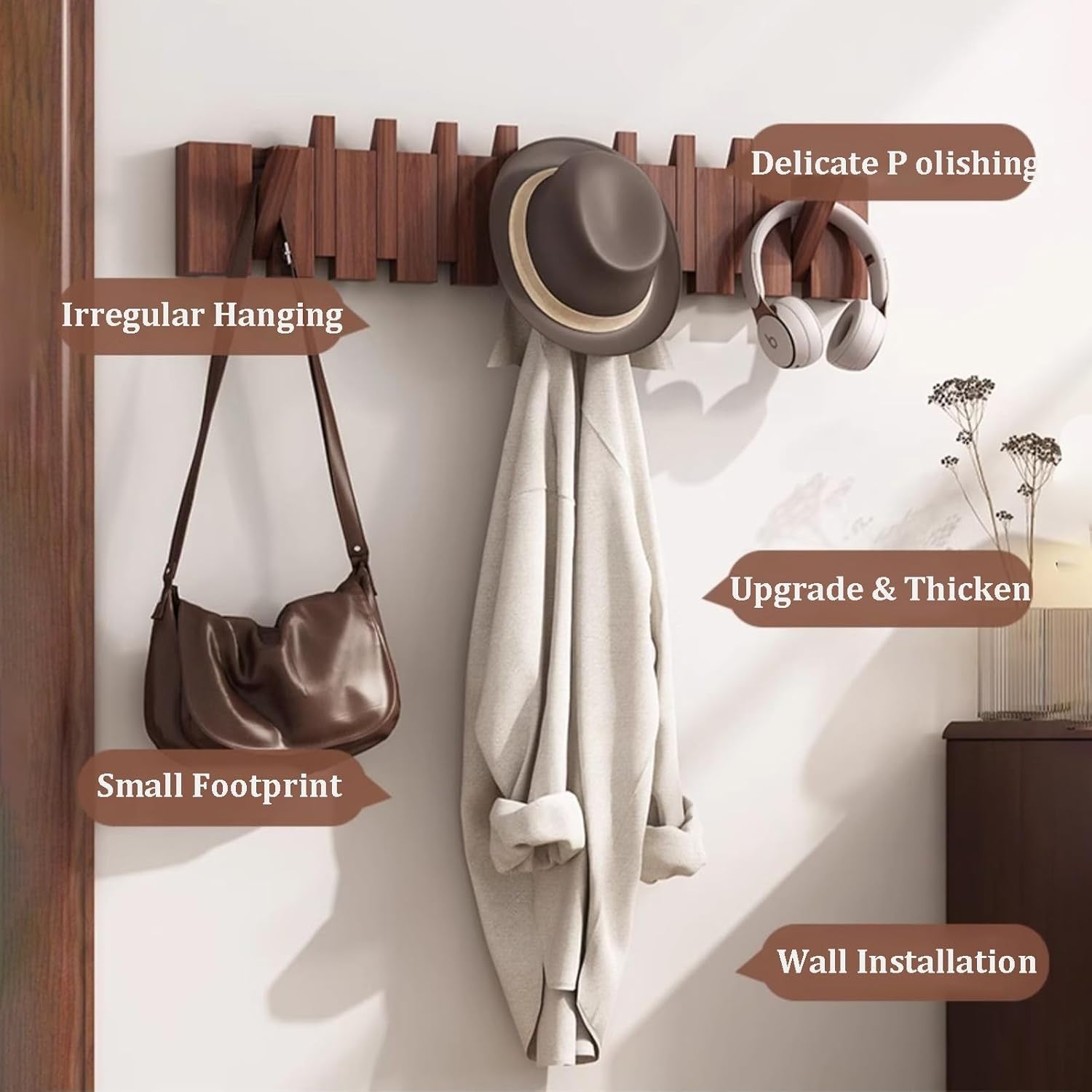 Luxury Wooden Wall Mounted Coat Rack 12 Flip Hooks Modern Folding Hanger