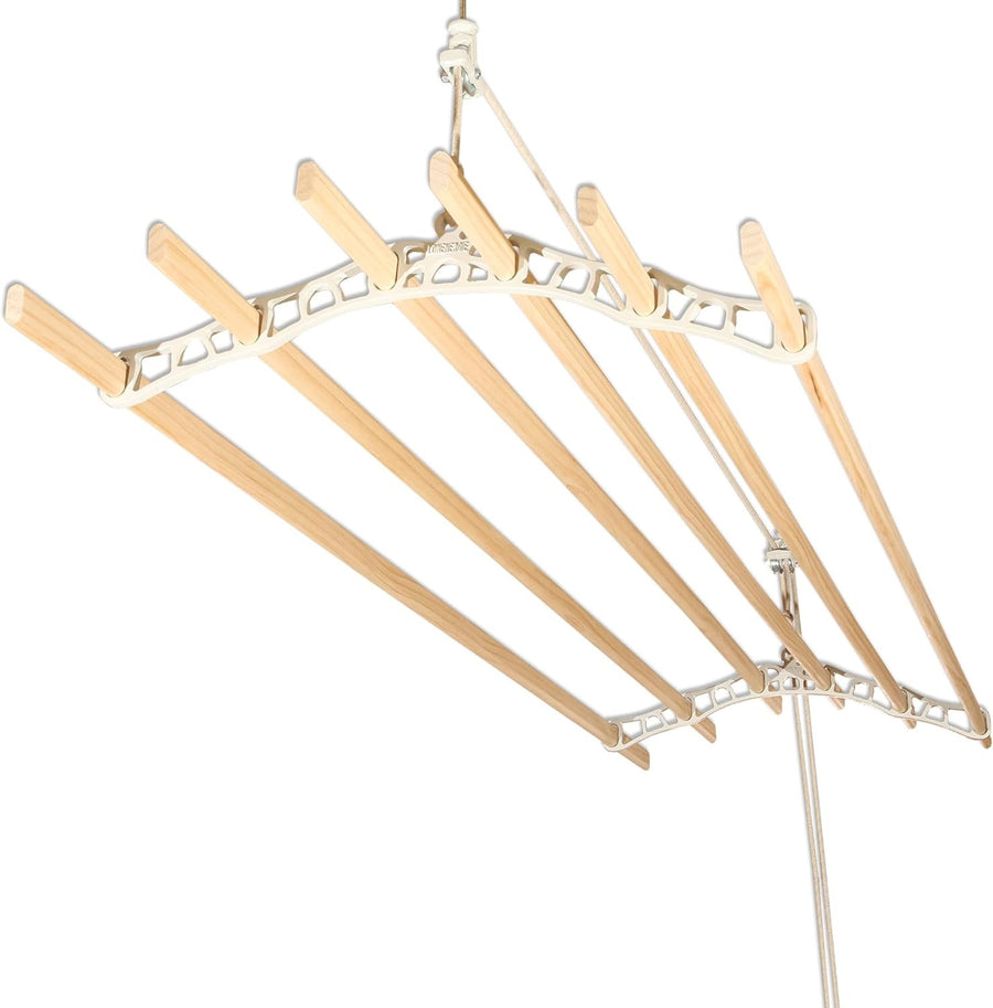 Ceiling Pulley Clothes Airer 6 Lath Wooden Laundry Rack 1.6m White