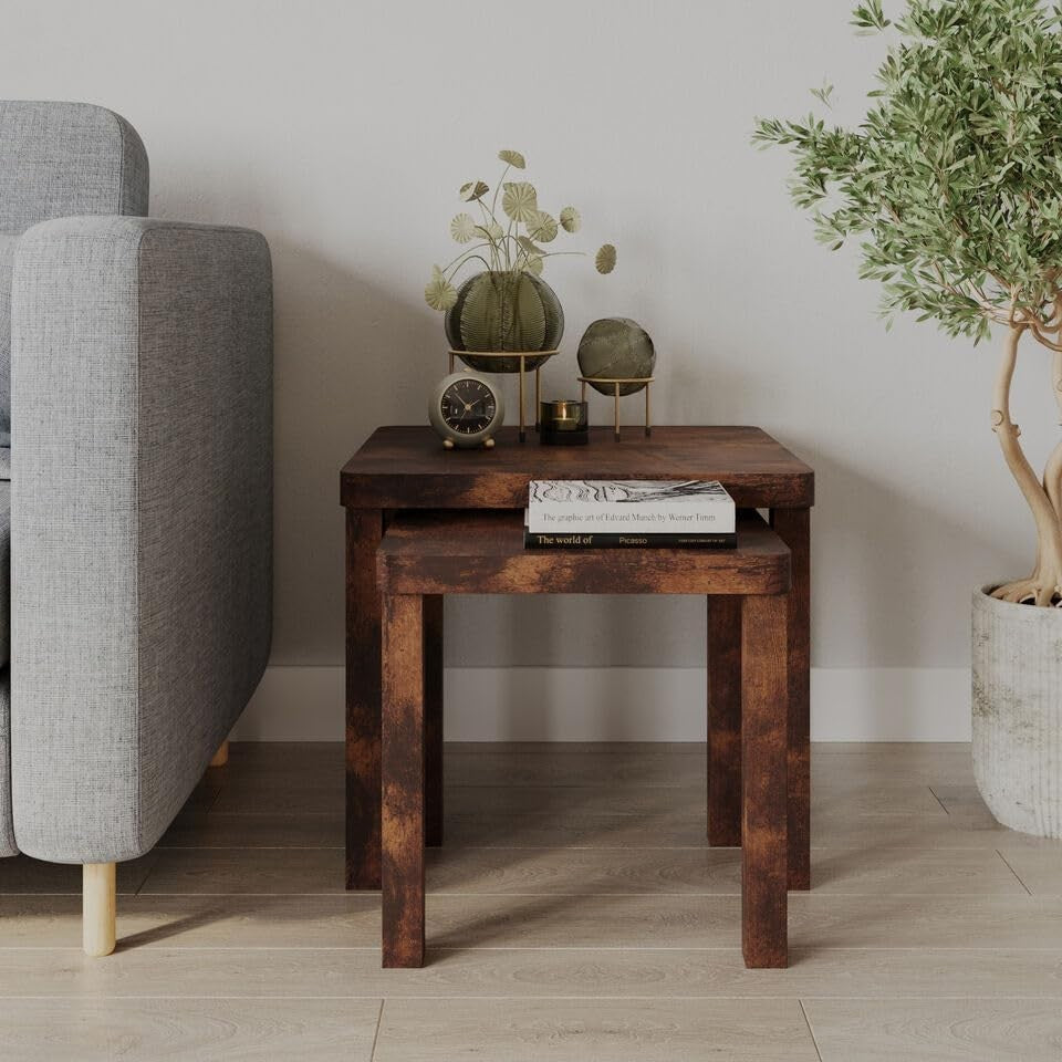 Square Wooden Nesting End Tables Set 2 Rustic Brown Coffee Side Sofa Space Savin
