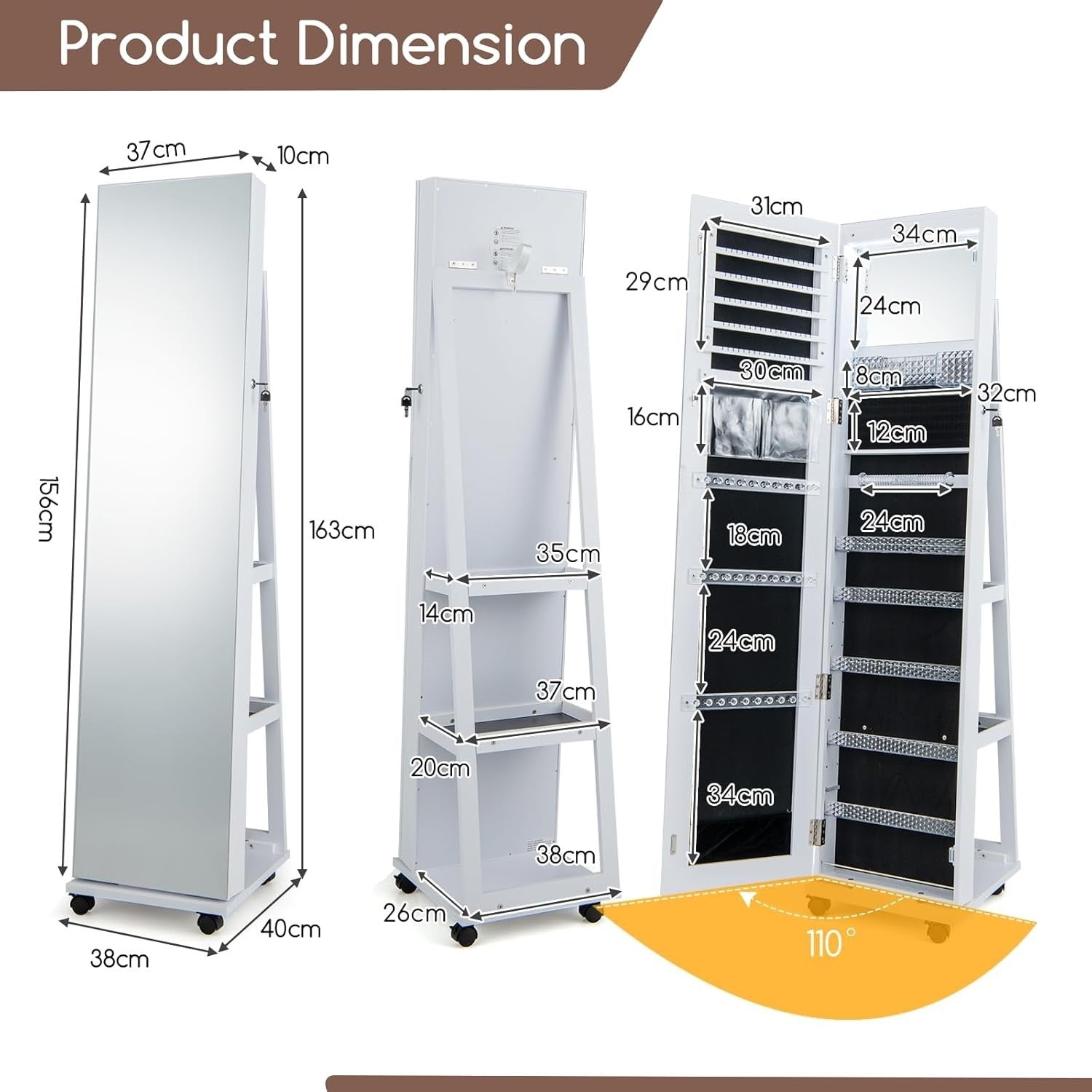 White LED Jewelry Cabinet Mirror Lockable Rolling Storage Organizer
