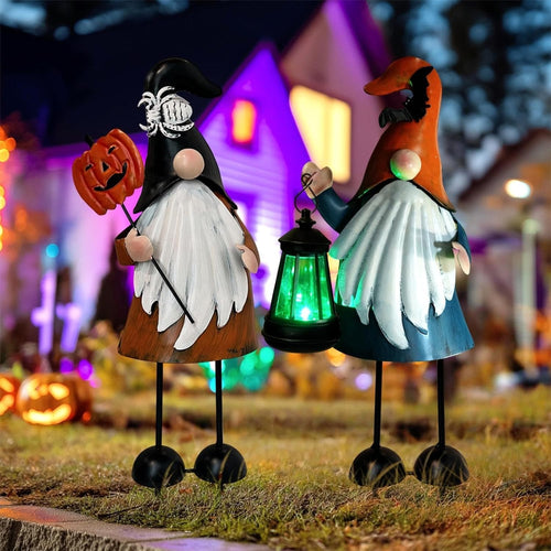 Halloween Metal Gnome Yard Art Statue Outdoor Decor | LED Lantern | 46cm