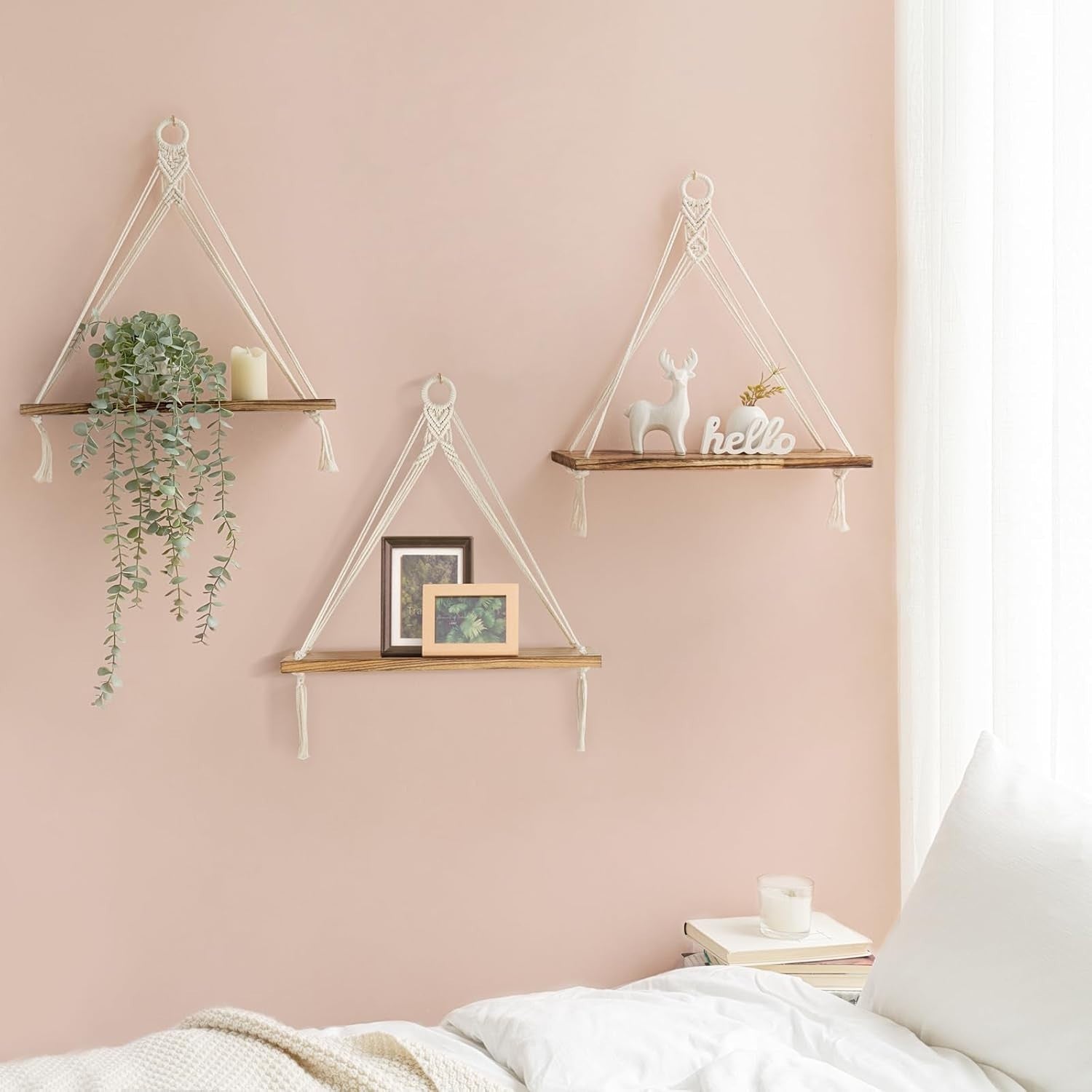 Boho Triangular Hanging Shelves Set of 3 Wood Floating Wall Decor