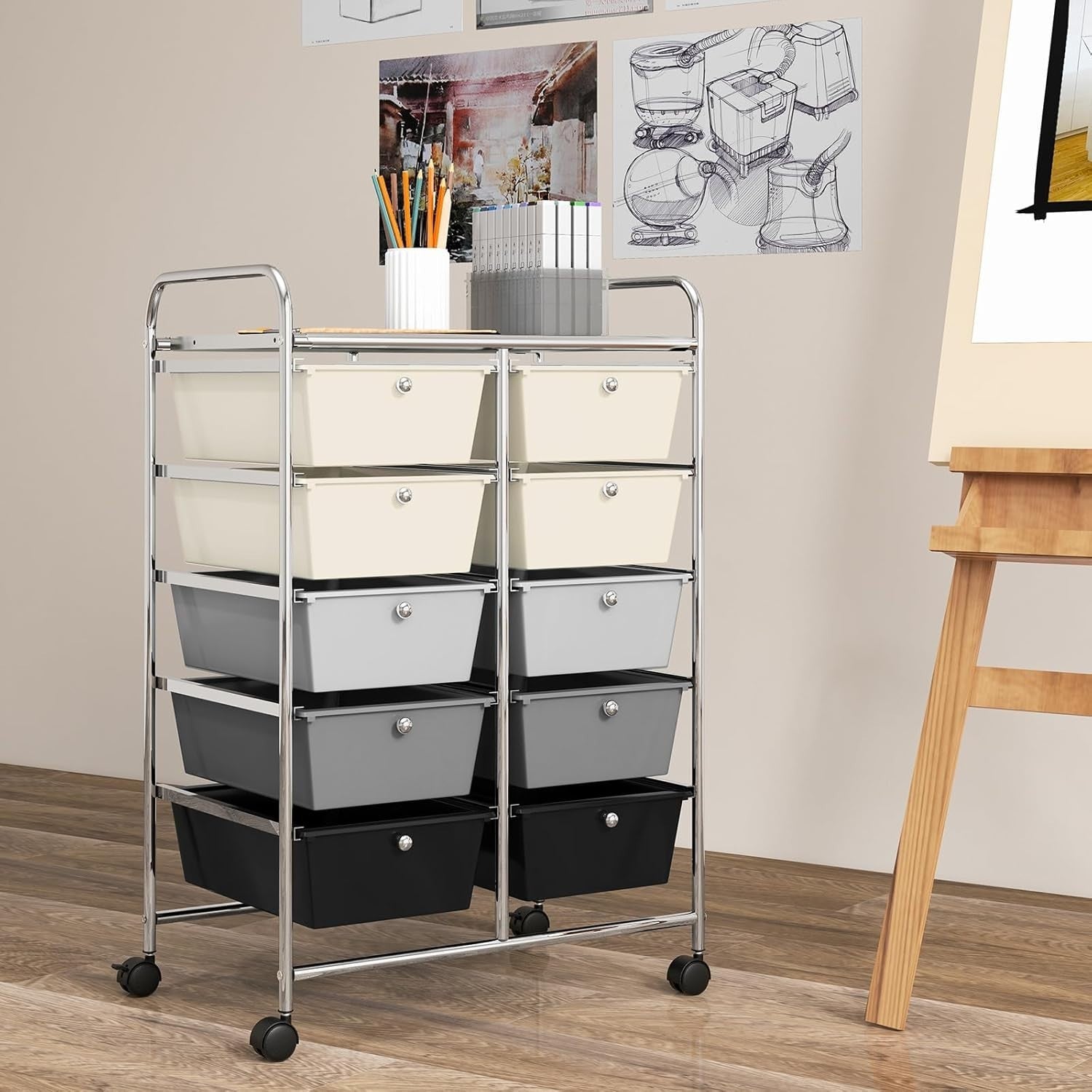 10 Drawer Mobile Storage Trolley Rolling Utility Cart Salon Organizer Grey