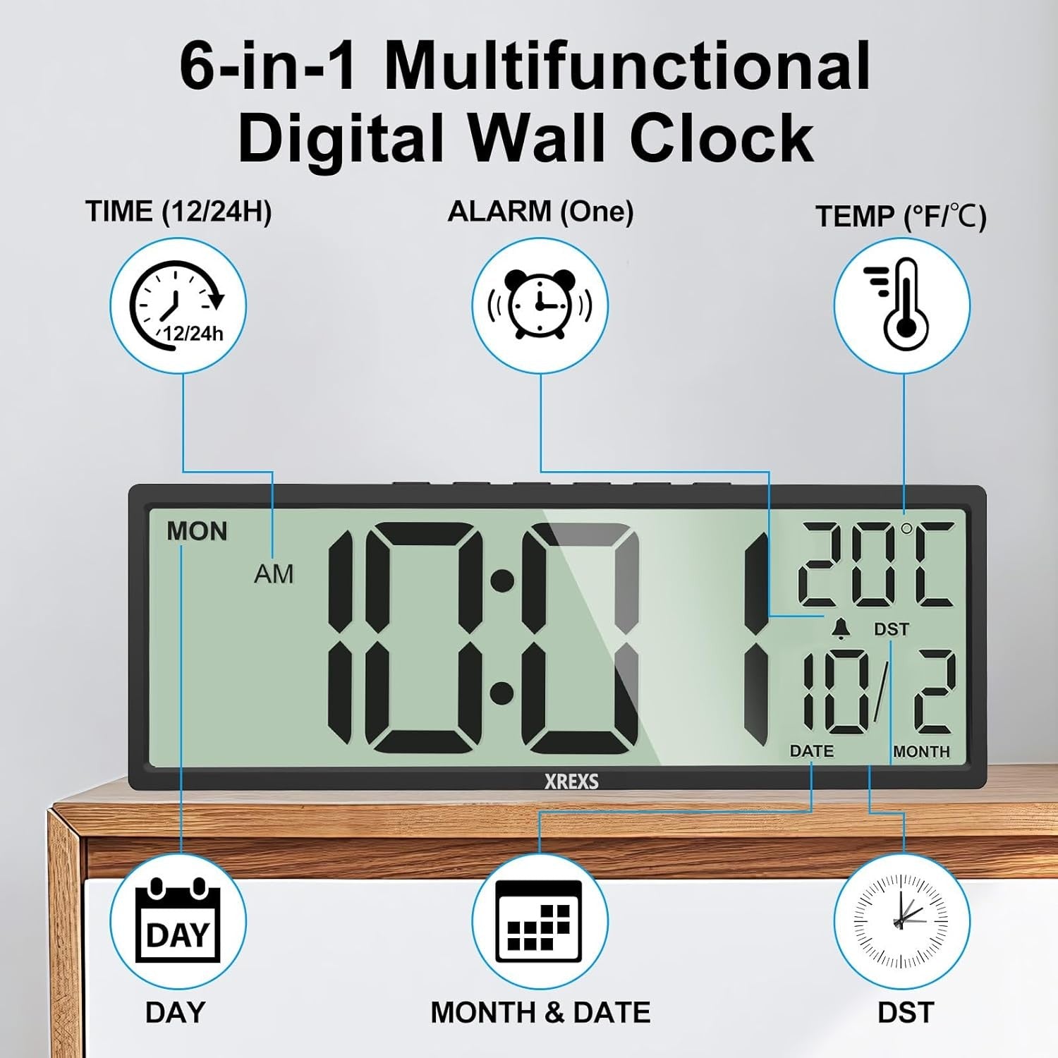 Large Digital Wall Clock Jumbo Display Temp Date Alarm Auto-DST 14.5" Modern