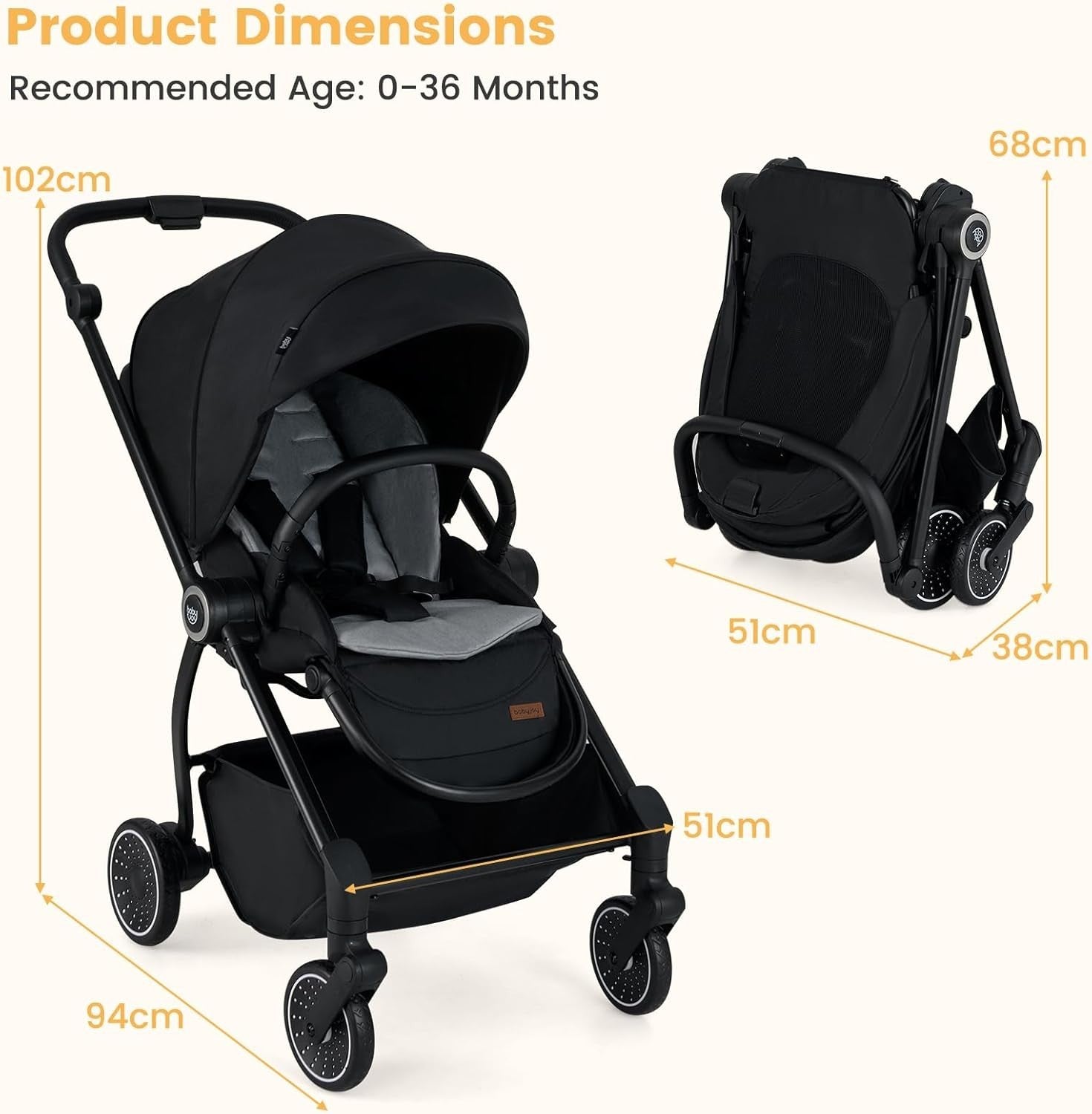 Foldable Baby Pushchair Reversible Seat Recline Adjustable Canopy 0-36M