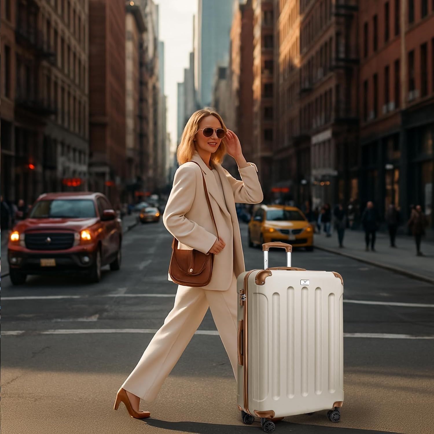 Oversize 28” Checked Spinner Luggage ABS Hard Case TSA Lock Cream Brown