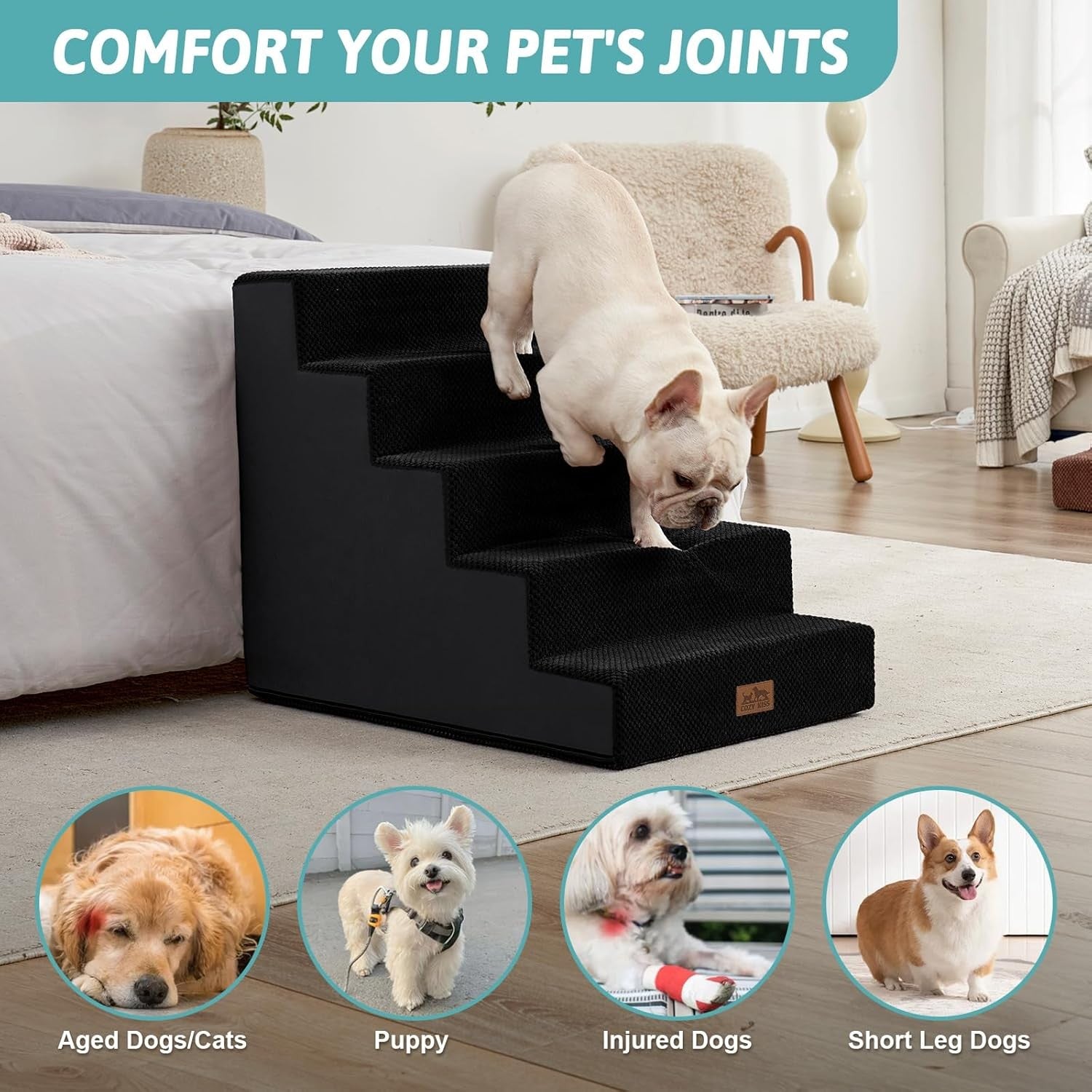 Wide Dog Stairs Non-Slip Pet Steps for Small Dogs Cats Puppy 75x50x60cm Black